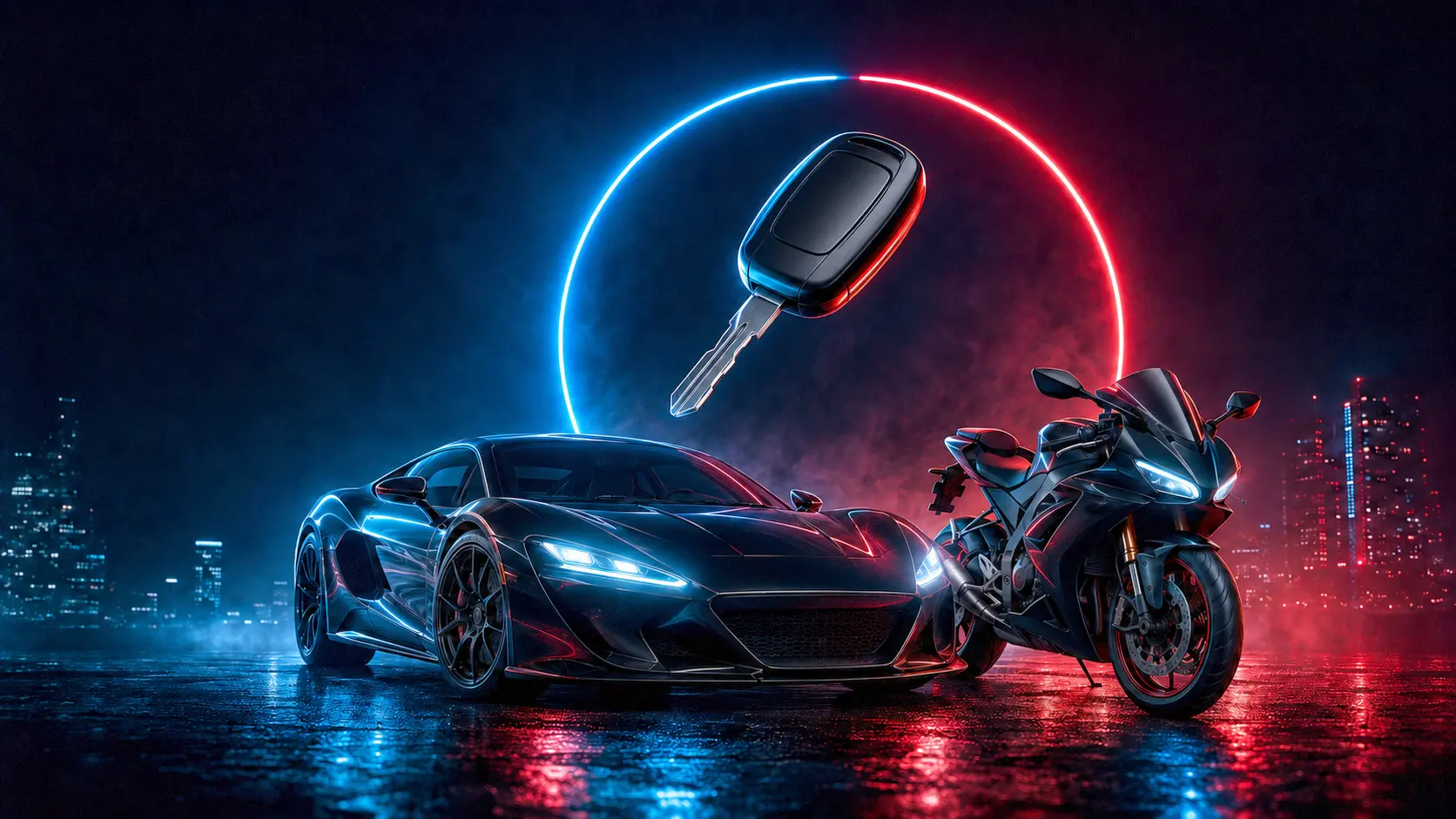 Voiture sportive noire, moto et clé automobile sous des néons rouges et bleus